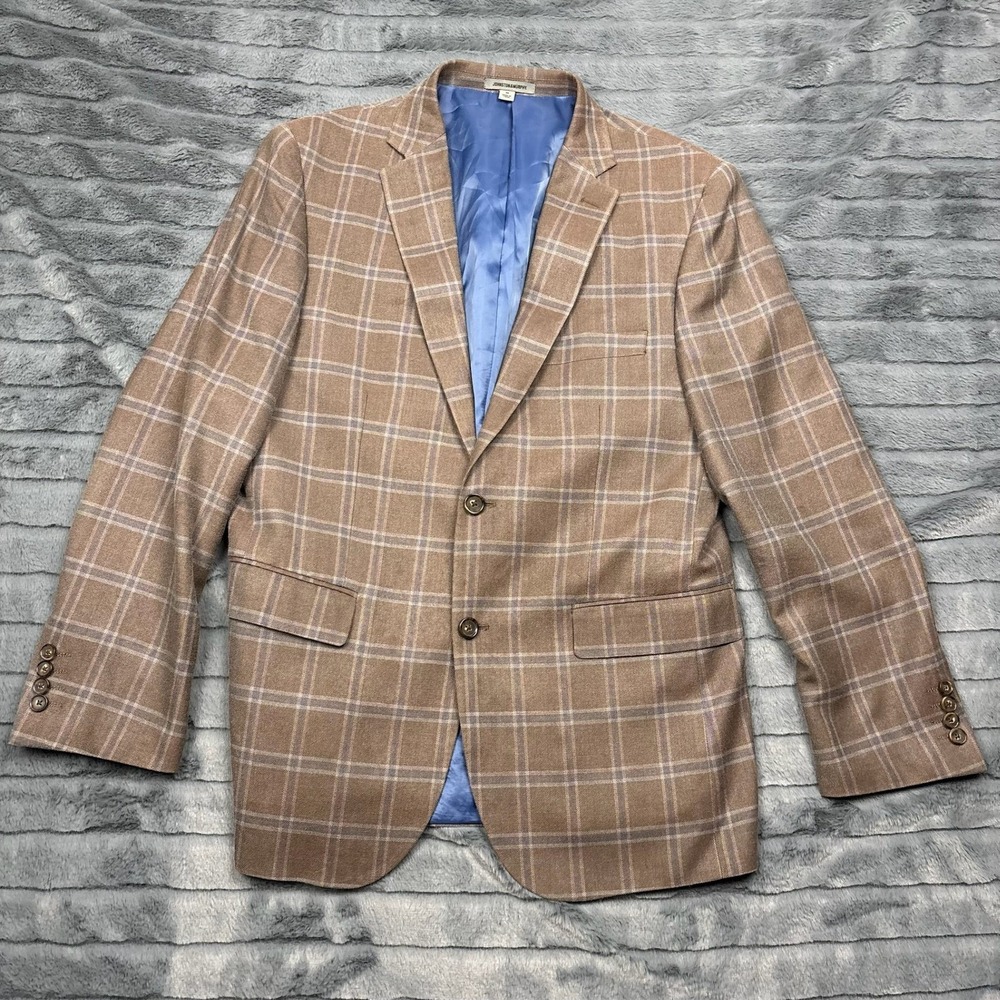 Johnston & Murphy Mens Brown Plaid Silk Wool 2 Button Blazer Sport Coat 42R